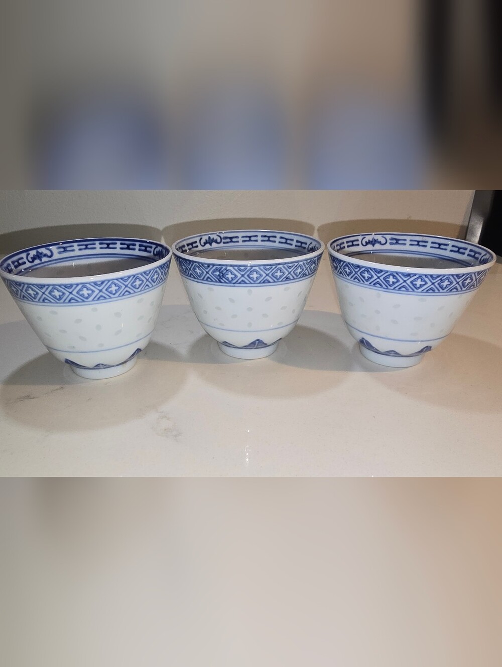 Blue and White Porcelain Tea Cups - Set of 3